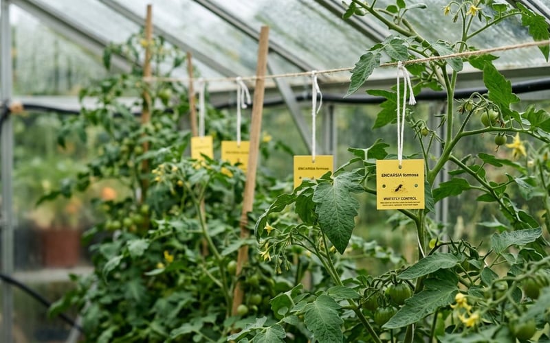 Encarsia wasp cards hanging among greenhouse tomato plants as biological pest control in a UK greenhouse