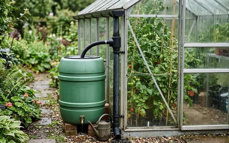 Water butt connected to a greenhouse downpipe collecting rainwater in a UK garden
