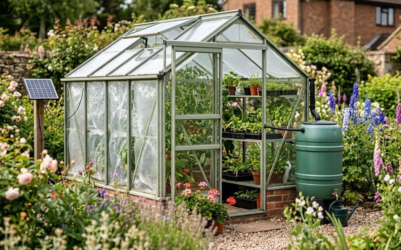 Sustainable UK aluminium greenhouse with rainwater butt bubble wrap insulation and solar panel