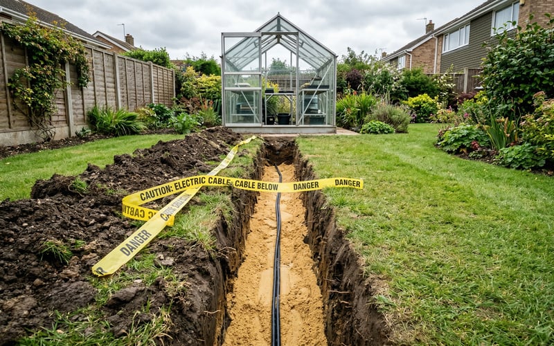 SWA armoured cable laid in a trench with sand bedding and warning tape running to a UK greenhouse