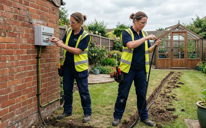 Qualified UK electrician installing a consumer unit with SWA cable running to a greenhouse in a British garden