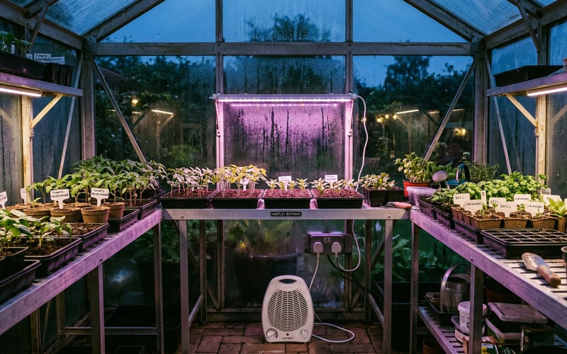 UK greenhouse interior at dusk with LED grow lights and electric heater running from waterproof power supply