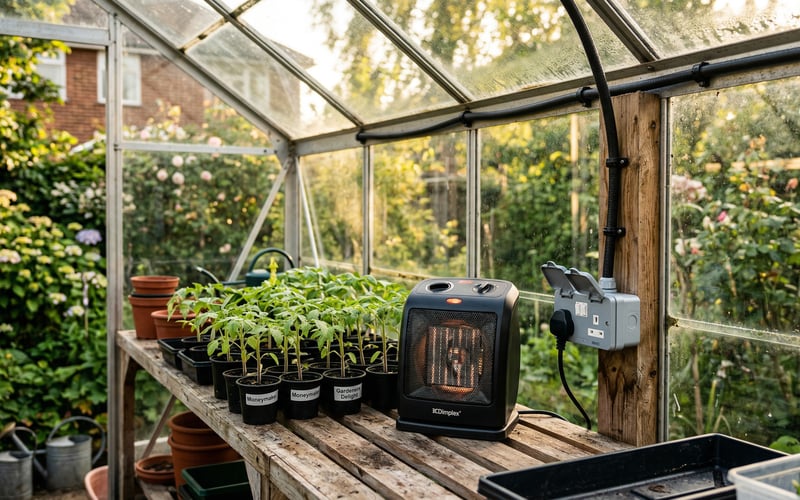 Electricity supply running to a UK greenhouse with waterproof sockets and electric heater on staging bench