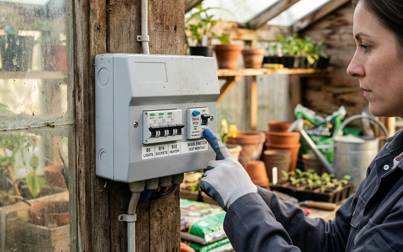 RCD consumer unit with test button for greenhouse electrical safety in the UK