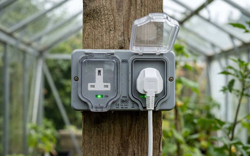 IP66 waterproof double socket with protective covers mounted inside a UK greenhouse