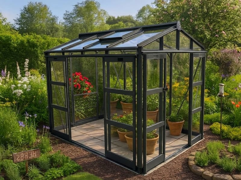 Elite Sanctuary 6x8 greenhouse with high eave height and double sliding doors