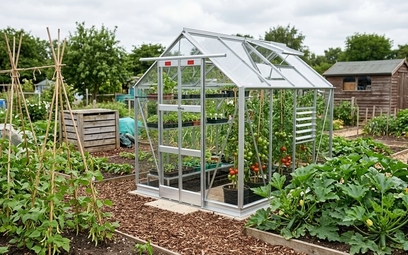 Elite Streamline 5x8 aluminium greenhouse installed on an allotment plot with tomato plants growing inside and runner bean canes behind
