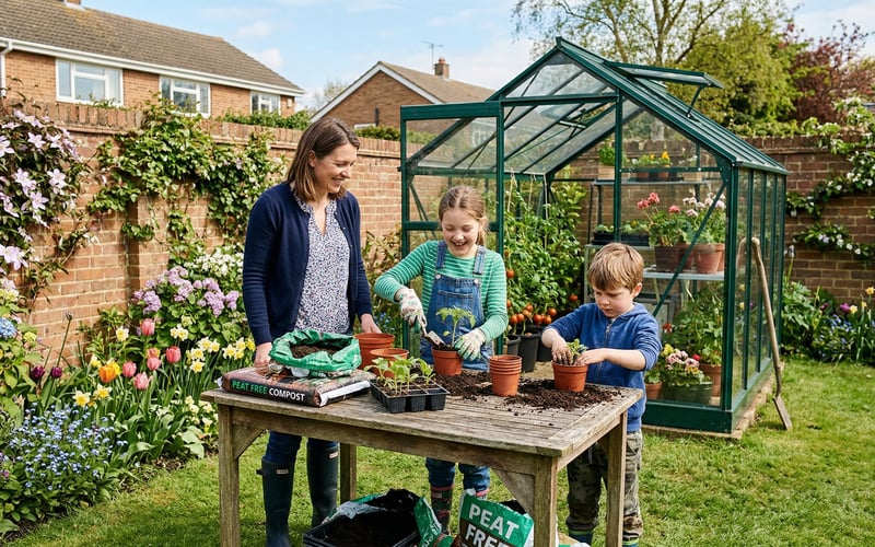 Family gardening together with children planting seedlings near a greenhouse in a UK garden