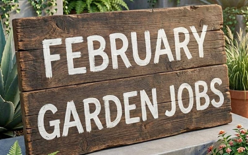 Garden checklist on a clipboard with snowdrops in background - February gardening jobs UK