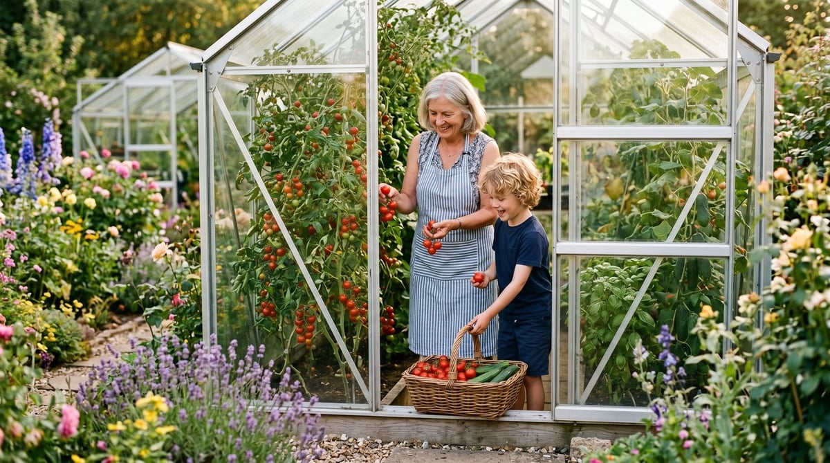 A grandmother and her young grandson harvesting ripe tomatoes from a tomato plant at the open door of a UK greenhouse on a sunny August morning, with trugs of harvested tomatoes and cucumbers