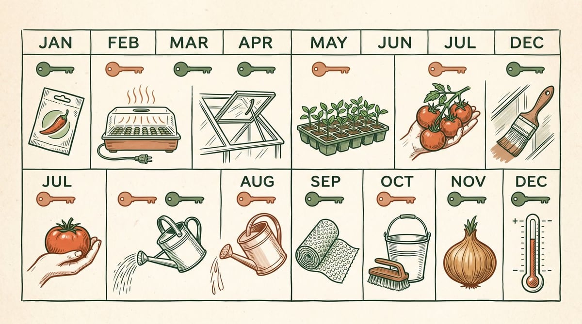 Hand-drawn 12-month UK greenhouse calendar showing key tasks per month — sow, prick out, harden off, plant, harvest, clean, insulate — colour coded by intensity of work