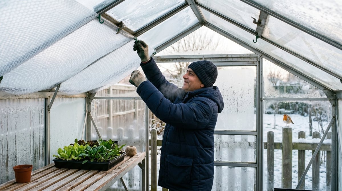 An Indian man in a winter coat fitting horticultural bubble wrap insulation to the inside of a UK greenhouse on a frosty December morning, with frost on the glass and a robin on a nearby fence