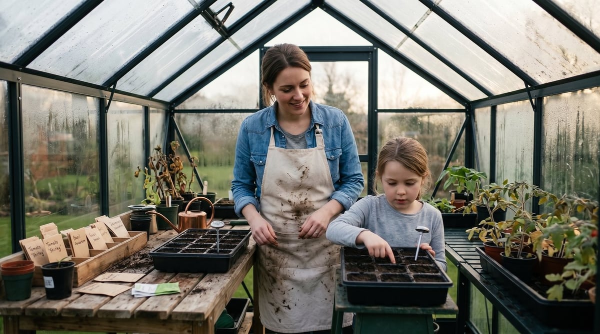 A young woman and her daughter sowing tomato seeds at a potting bench inside a Vitavia Venus 6x10 greenhouse in a UK garden in February, with seed trays, labels and a heated propagator on the bench
