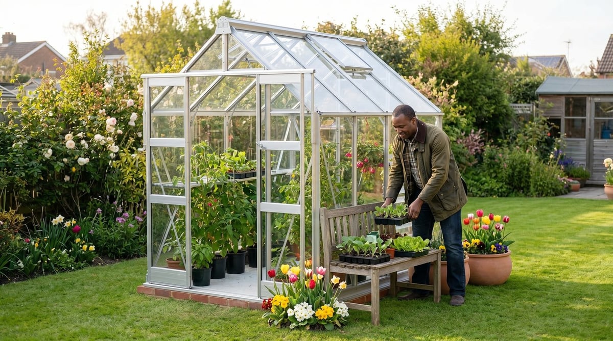 A Black British man in his forties arranging seedling trays of brassicas and lettuce on the staging beside an open Elite Titan greenhouse on a sunny April afternoon in a UK back garden