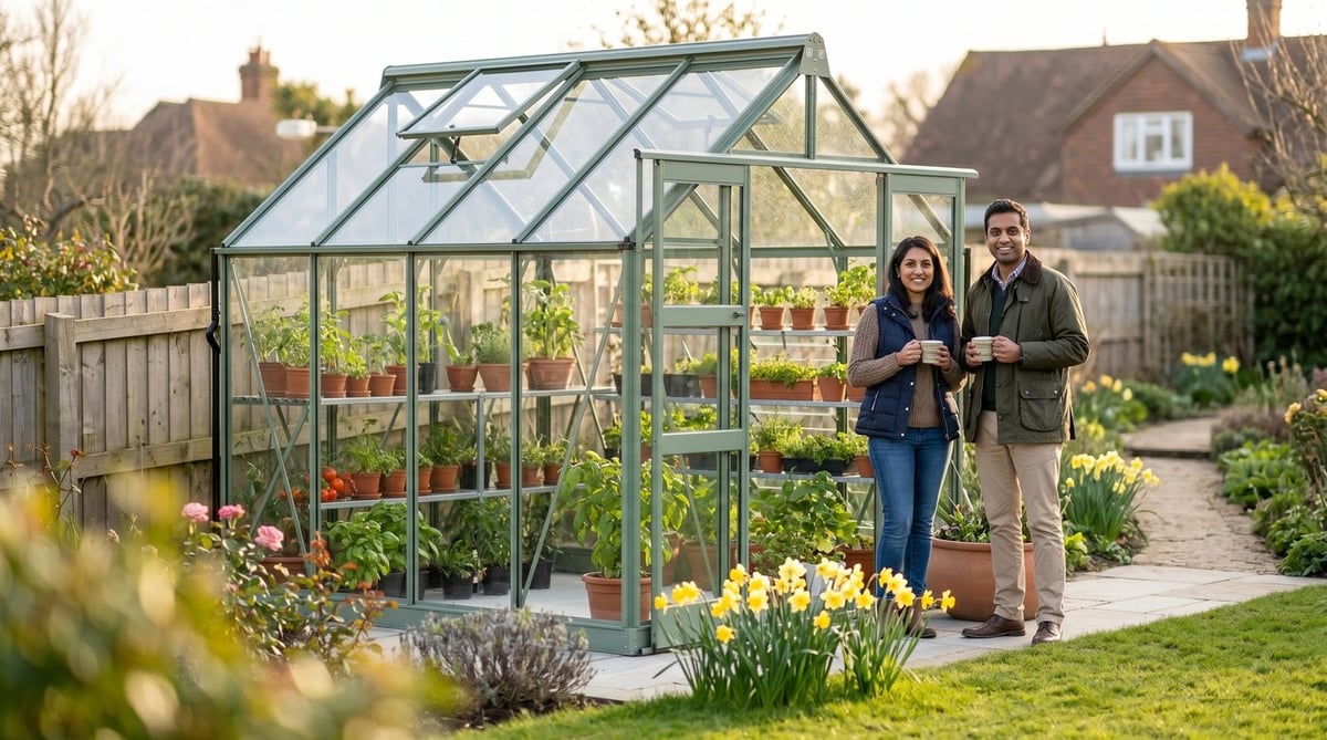 A couple in their thirties standing outside a sage-green Elite Titan greenhouse in a UK suburban back garden in early spring, holding mugs of tea, daffodils flowering by the path — example of a first-year UK greenhouse set-up