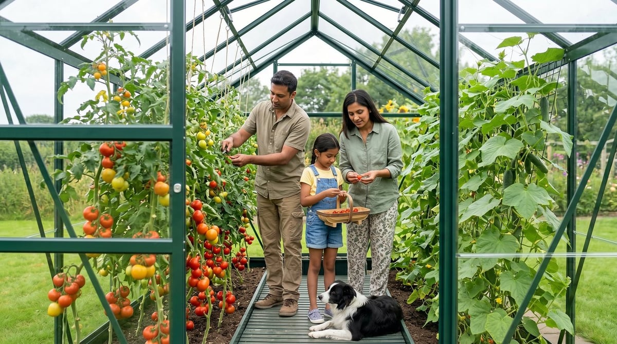 An Indian family of three inside a sage-green Vitavia Venus greenhouse in June, tying in tomato plants with a Border Collie lying at their feet on the floor — UK greenhouse in peak summer growth