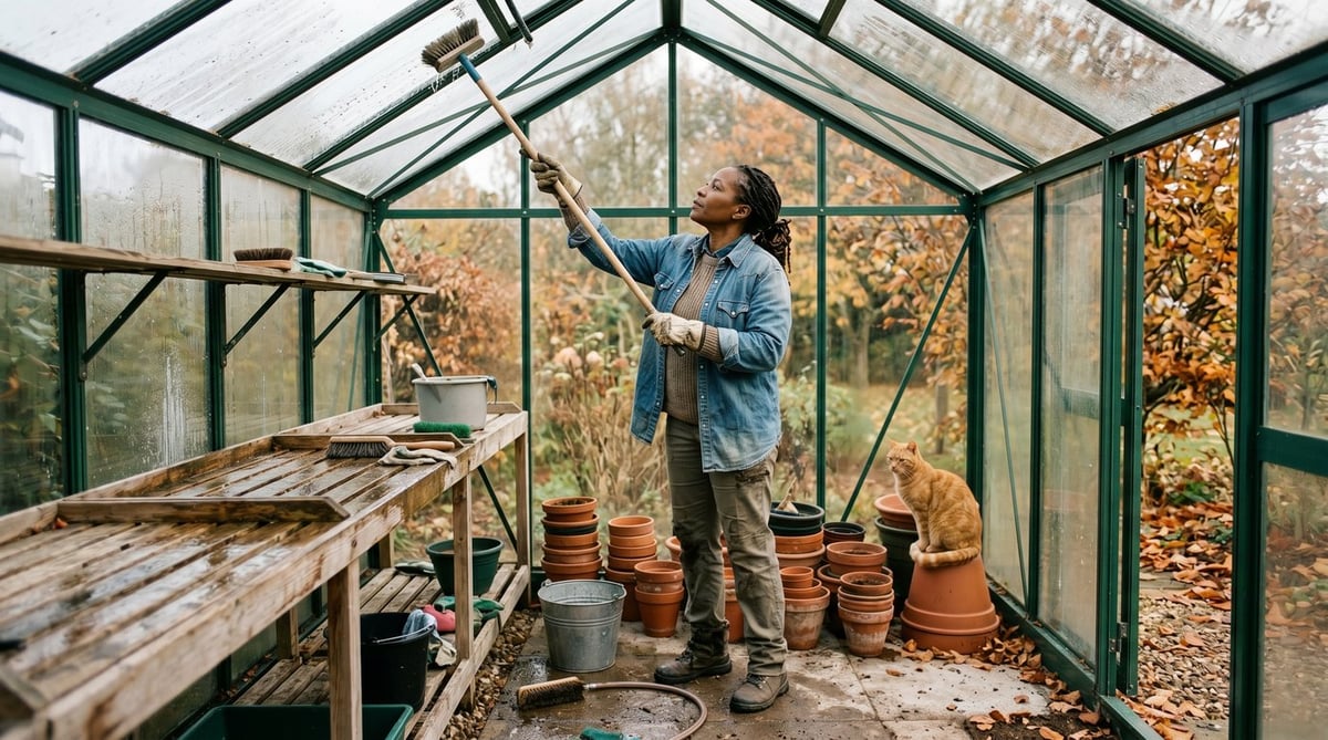 A Black British woman in her fifties cleaning the inside glass of a UK greenhouse in October with a squeegee, with a ginger tabby cat watching from a terracotta pot on the staging
