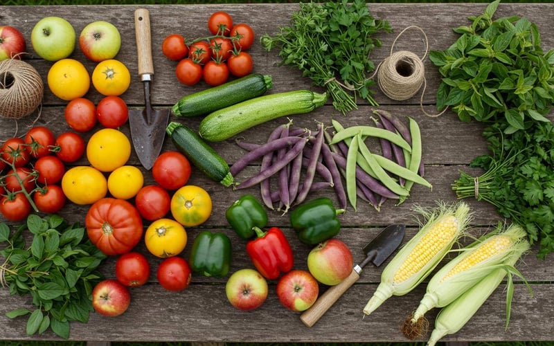 Fresh August vegetable harvest laid out on wooden table including tomatoes, courgettes, beans and peppers.