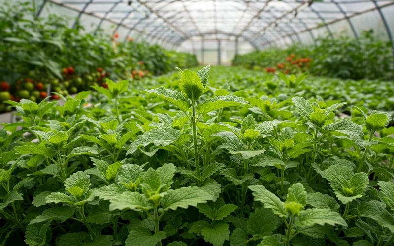 Fresh green lemon balm herb leaves growing densely ready for harvesting.