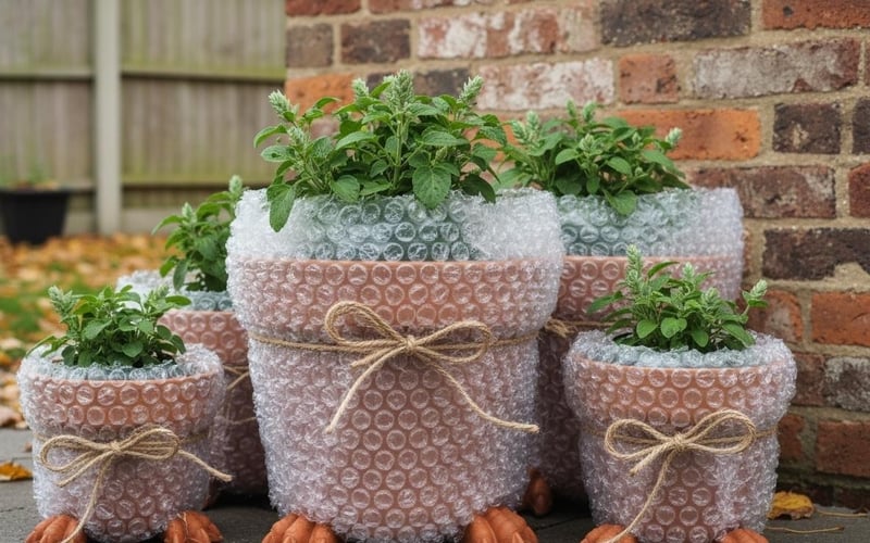 Terracotta pots wrapped in bubble wrap and lifted on pot feet for winter frost protection in UK garden