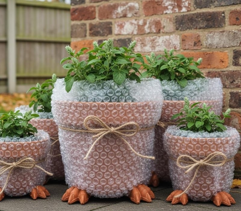 Terracotta pots wrapped in bubble wrap and lifted on pot feet for winter frost protection in UK garden