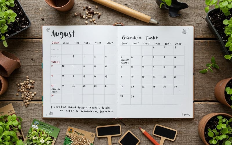 Garden planning calendar showing weekly August tasks with seedlings and garden tools.
