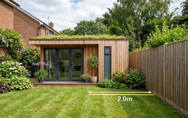 Modern cedar-clad UK garden room positioned 2 metres from a wooden boundary fence with flat green roof at 2.5m height demonstrating permitted development boundary rules