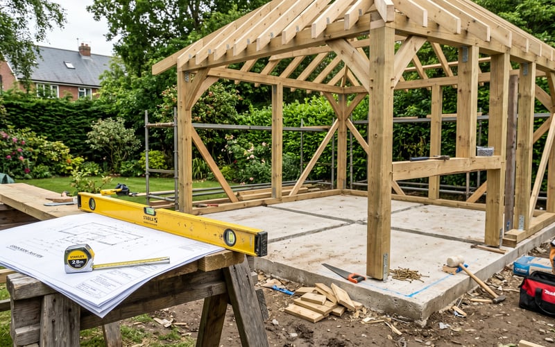 UK garden room mid-construction showing timber frame on level concrete base with architectural plans tape measure and spirit level visible on a sawhorse