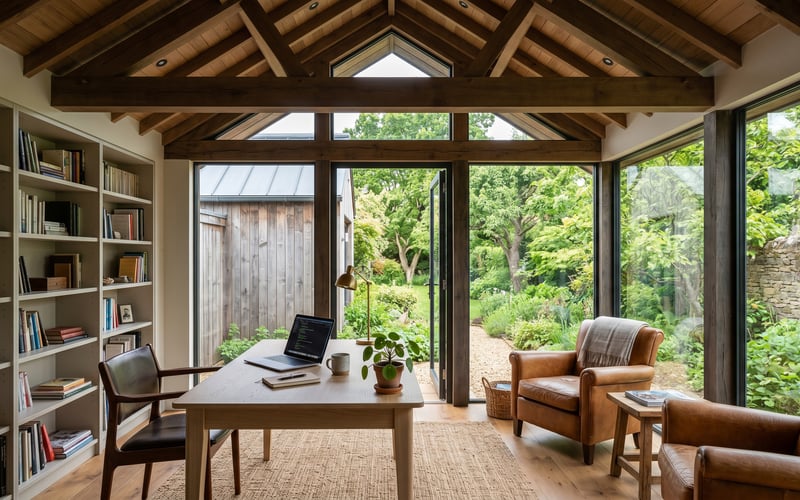 Stylish UK garden room interior used as a home office with pale oak desk, two leather armchairs by the glass wall and a pitched ceiling with exposed beams