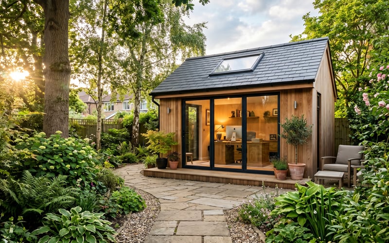 Contemporary cedar-clad UK garden room with floor-to-ceiling glass doors and a pitched slate roof set in a typical British back garden with mature trees