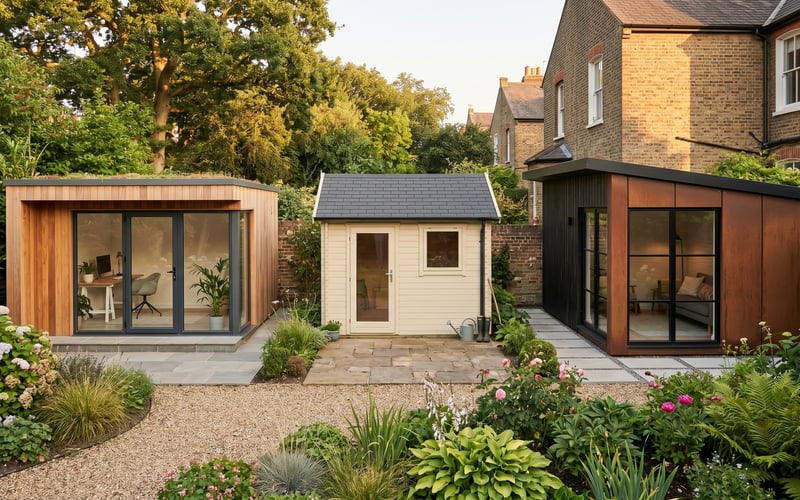 Three UK garden room styles side by side in a long garden: contemporary cedar-clad cube with flat roof, traditional pitched-roof timber cabin, and modern hybrid with corten steel cladding