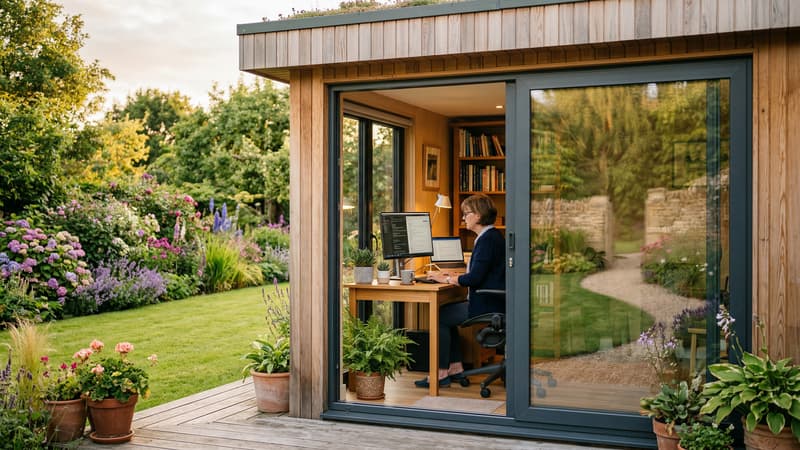 Garden room used as a home office with desk and monitor viewed through open glass doors