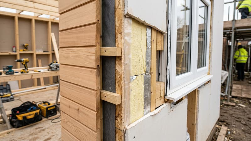 Garden room wall cross-section showing timber cladding and insulation layers
