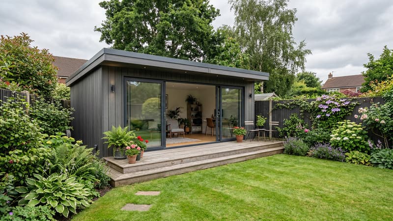 Modern pent roof garden room with dark cladding and glass doors in a UK garden