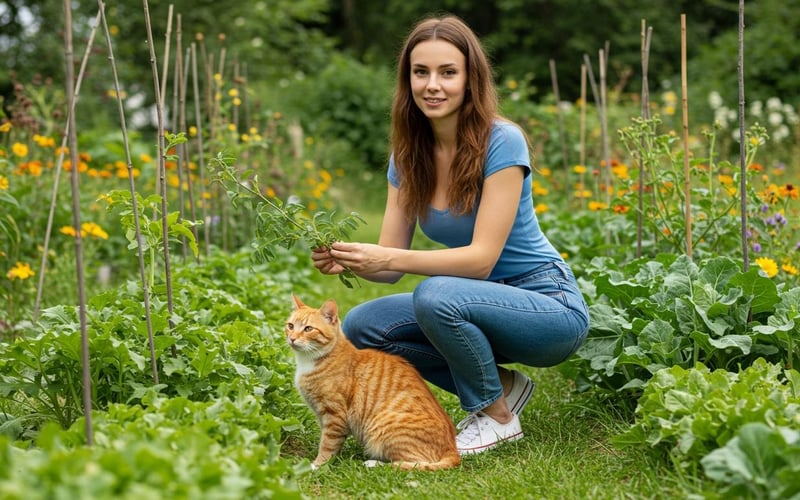 Gardener checking plants for common July pests including aphids and spider mites