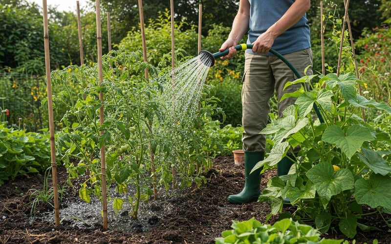 Deep watering technique being applied to summer flower border during July heat