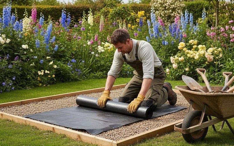 Gardener installing DPM sheeting on hardcore base for greenhouse in traditional English garden setting.