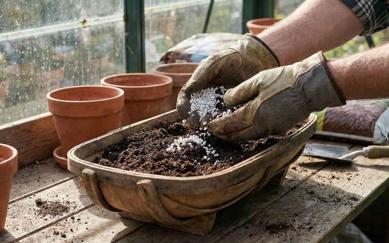 A gardener's hands wearing gloves, mixing finished dark compost with white perlite on a wooden potting bench inside a greenhouse.