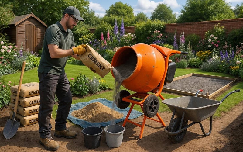 Gardener mixing concrete in cement mixer for greenhouse base with flowers and lawn in UK garden.