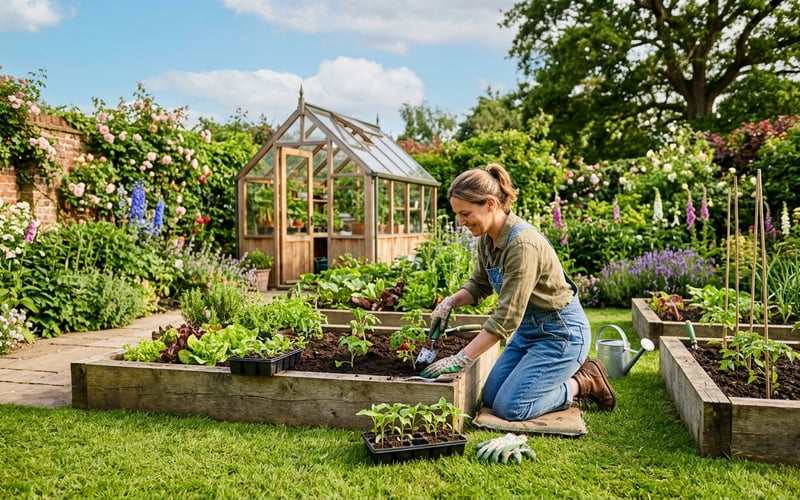 Gardener relaxing while tending raised beds in a sunny UK garden with greenhouse in background