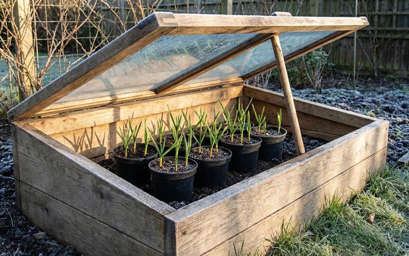 A wooden cold frame with the lid slightly open, showing pots of garlic shoots surviving a light frost.