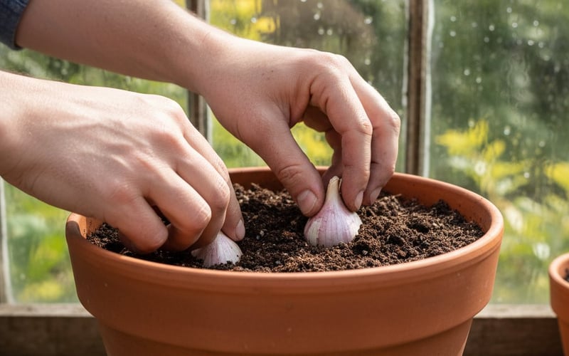 Garlic cloves being planted pointed end up into a deep pot of compost inside a greenhouse