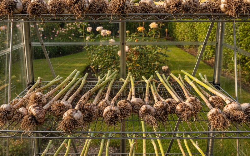 Freshly harvested garlic bulbs curing on wire greenhouse staging in a well-ventilated greenhouse