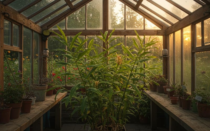 Lush ginger plants (Zingiber officinale) sprouting fresh green shoots in wooden greenhouse.