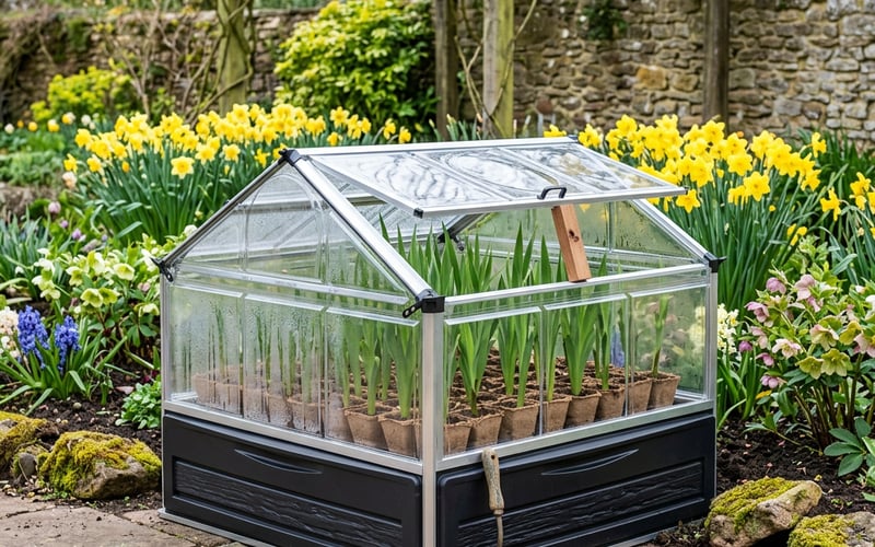 Palram Plant Inn cold frame with young gladioli shoots being hardened off in a spring UK garden