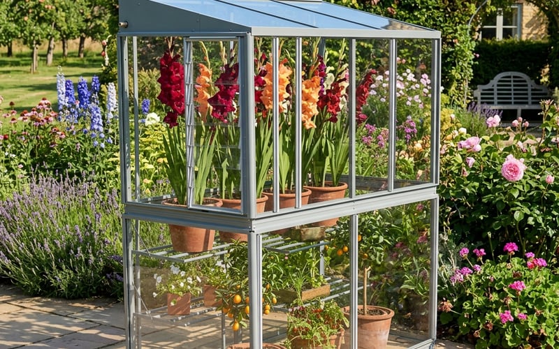 3x5 Access Exbury Mini Greenhouse with gladioli growing inside in a sunny UK garden