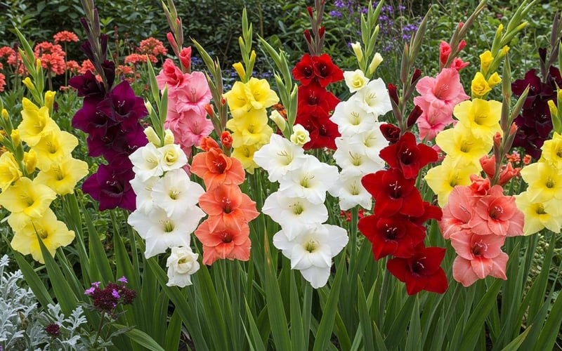 Gladioli flowering in a UK summer garden