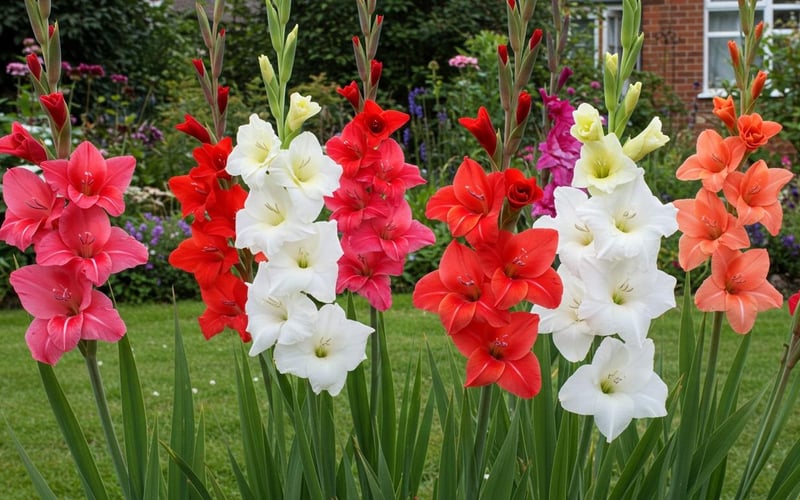 Different gladioli varieties and colours in a UK garden display