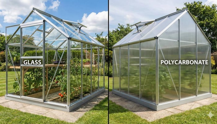 Side by side comparison of a clear glass greenhouse and a twin-wall polycarbonate greenhouse