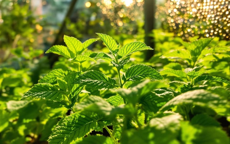 Green leafy stevia plants producing naturally sweet leaves in greenhouse.
